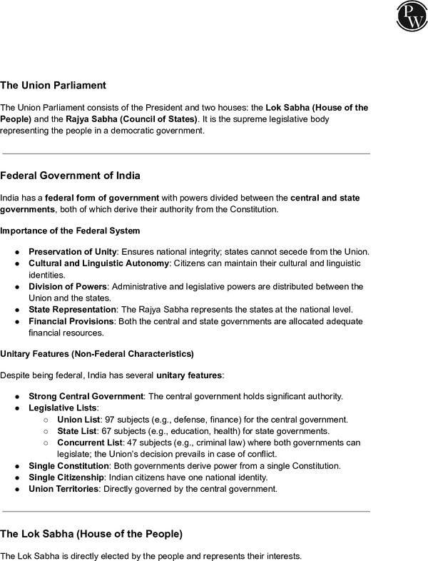 Thumbnail for Title: Class 10 ICSE Civics Notes: The Union Parliament