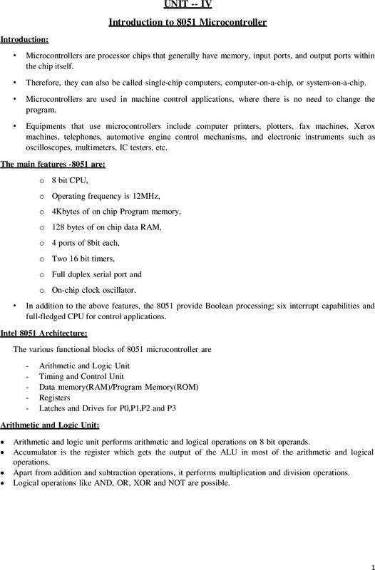 Thumbnail for Microprocessor & Microcontroller Unit 4 Notes (8051 Microcontroller, Architecture, Features) – Free PDF