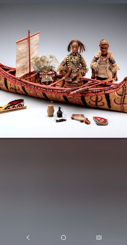 Thumbnail for Birchbark model canoe and three dolls with Assorted equipment