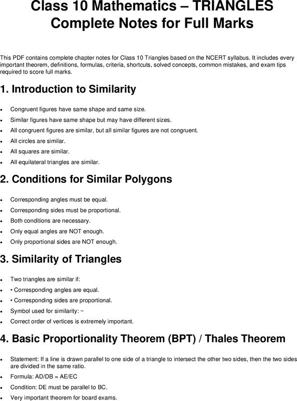 Class 10 - Triangles notes PDF
