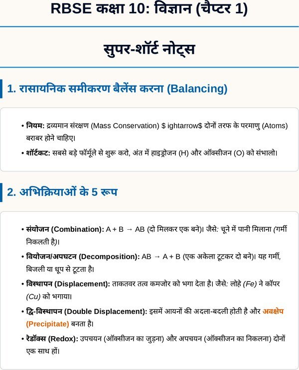 RBSE Class 10 Science Chapter 1 Quick Revision Notes | रासायनिक अभिक्रियाएँ एवं समीकरण (Short & Easy)
