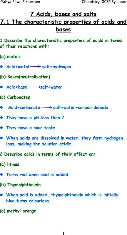 IGCSE Chemistry Summery (7 Acids, bases and salts)