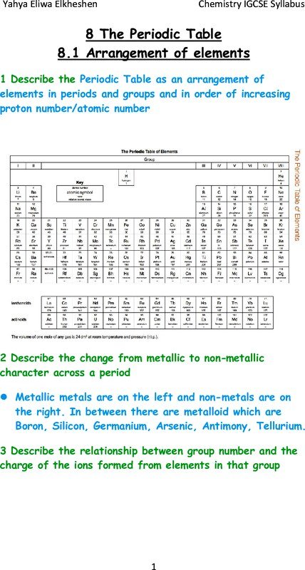 IGCSE Chemistry Summery (8 The Periodic Table)