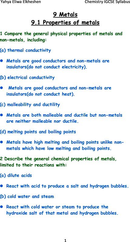 IGCSE Chemistry Summery (9 Metals)